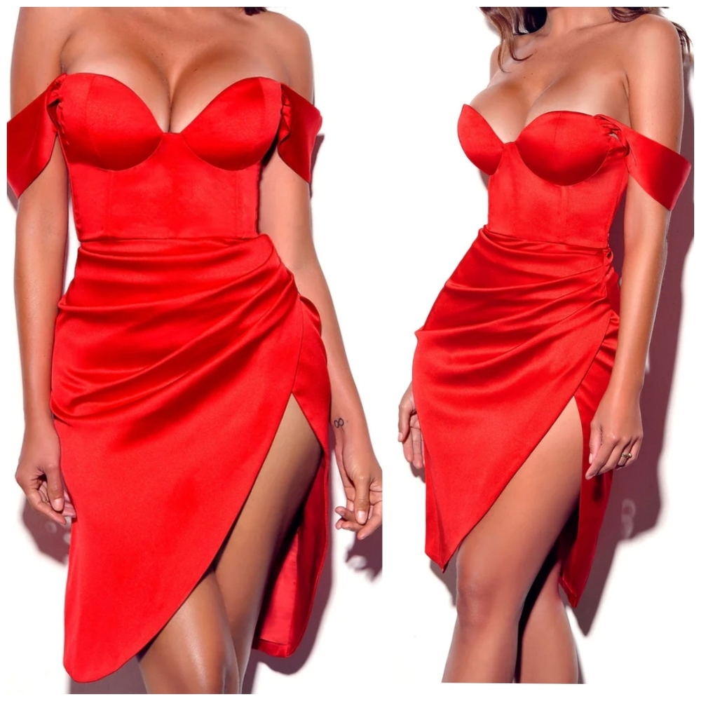Miss Circle Hedy Satin Corset Mini Cocktail Dress in Red XS US 2